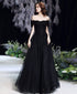 Black Off Shoulder Tulle Long Party Dress Prom Dress, Black Beaded Evening Dresses