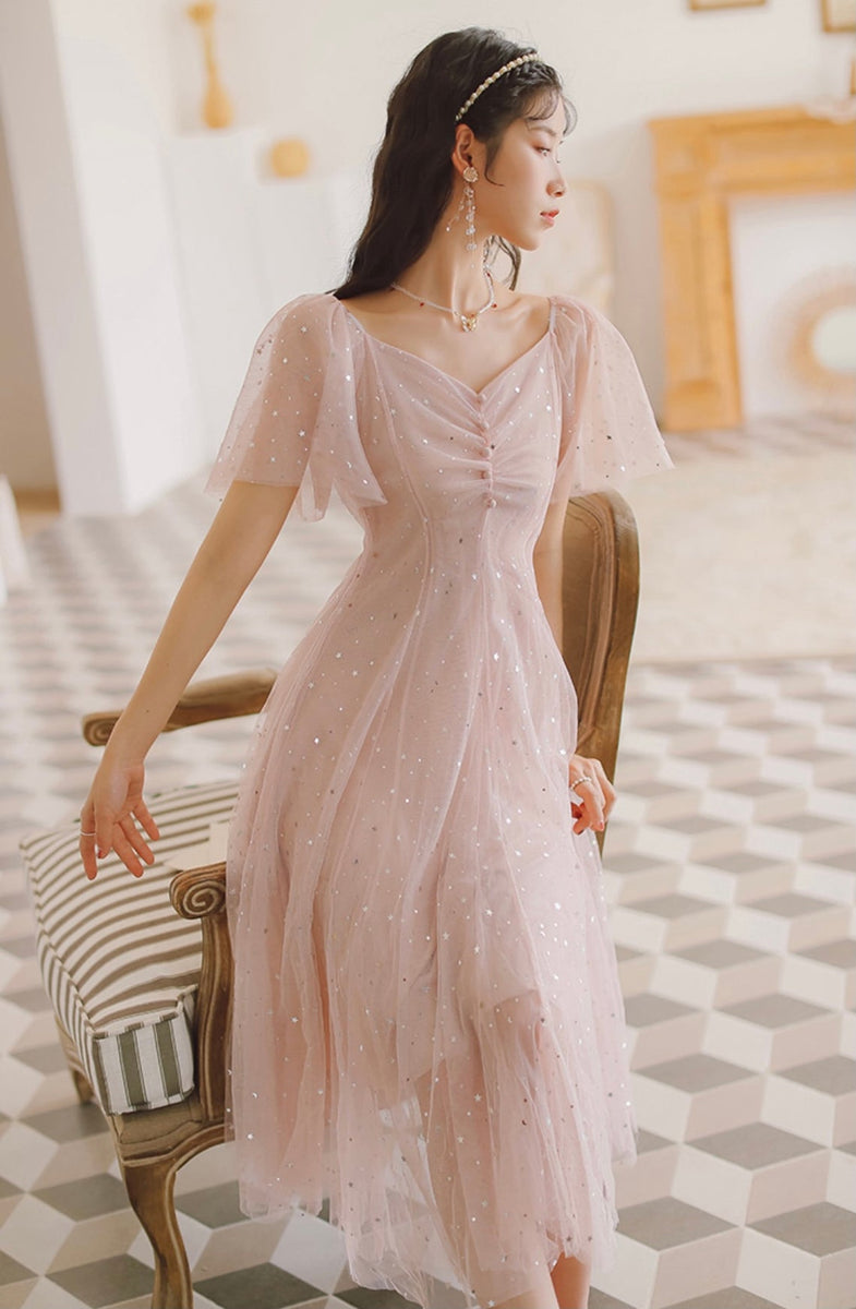 Lovely Pink Tulle V-neckline Puffy Sleeves Party Dress, Pink Short Prom Dress US size 6 / Pink Lovely Pink Tulle V-neckline Puffy Sleeves Party Dress, Pink Short Prom Dress US size 6 / Pink