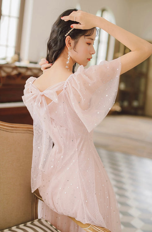 Lovely Pink Tulle V-neckline Puffy Sleeves Party Dress, Pink Short Prom Dress