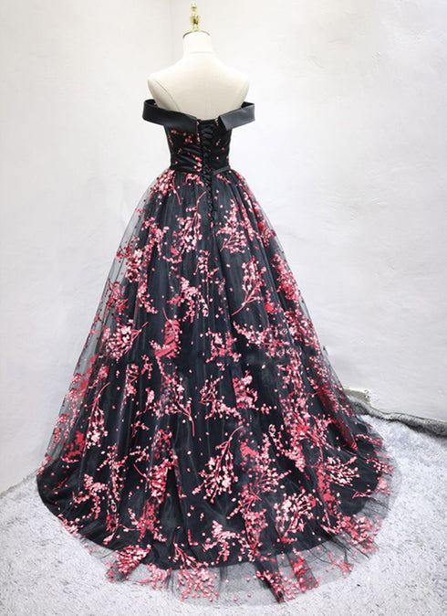 Charming Black Floral Tulle A-line Party Dress, Prom Dress