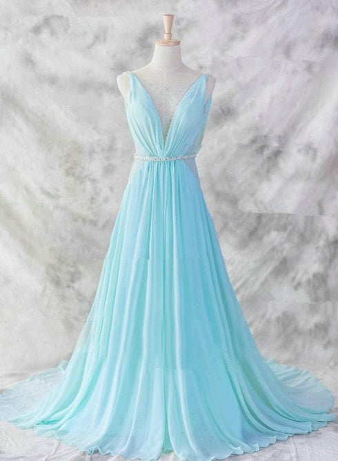 Sexy Light Blue Chiffon Backless Long Evening Gown, Blue Party Dress