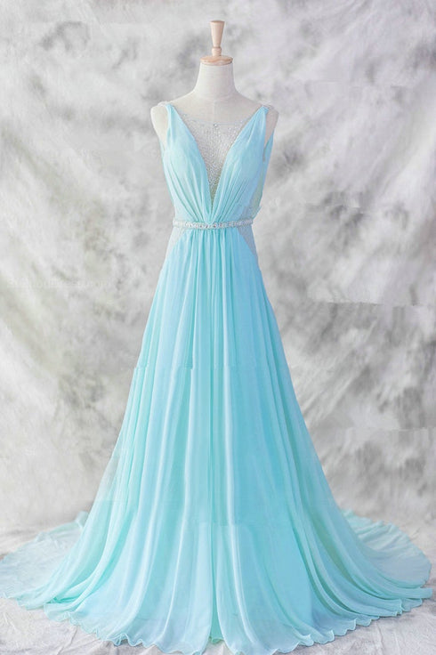 Sexy Light Blue Chiffon Backless Long Evening Gown, Blue Party Dress