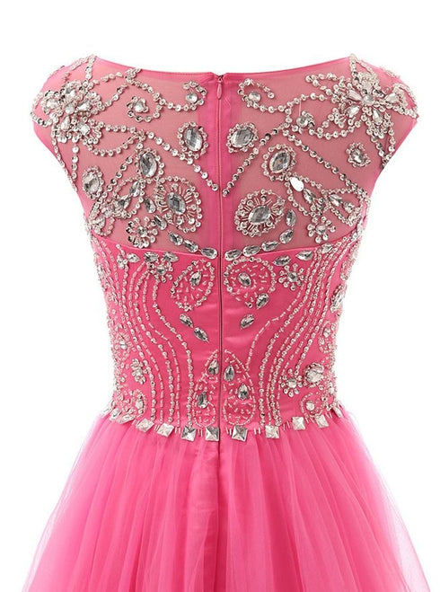 Beautiful Beaded Tulle Long Party Gown, Tulle Cap Sleeves Formal Dresses