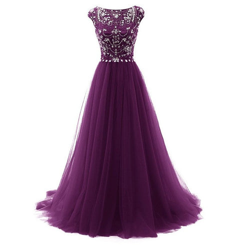 Beautiful Beaded Tulle Long Party Gown, Tulle Cap Sleeves Formal Dresses
