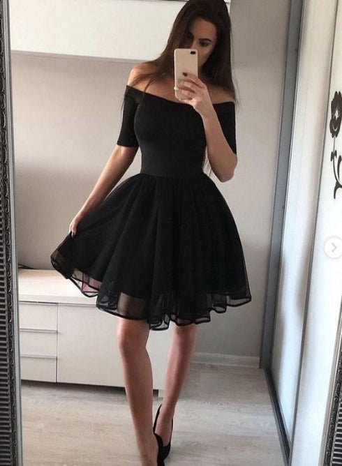 Black Off Shoulder Tulle Round Neckline Homecoming Dress, Black Short Prom Dresses