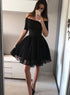 Black Off Shoulder Tulle Round Neckline Homecoming Dress, Black Short Prom Dresses