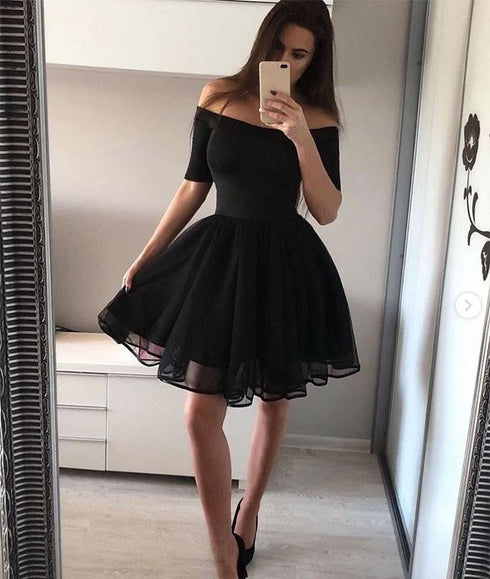 Black Off Shoulder Tulle Round Neckline Homecoming Dress, Black Short Prom Dresses