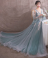 Cute Green and Blue Tulle Puffy Sleeves with Flower Party Dress, Long Wedding Party Dress