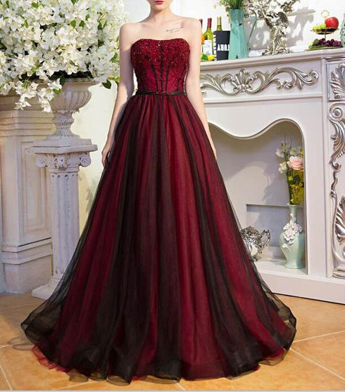 Red and Black Scoop Tulle Long Party Dress with Beadings, Long Tulle A-line Formal Dress