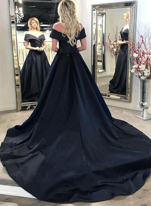 Simple Black Satin Off Shoulder Long Evening Dress, Black Charming Junior Prom Dress Formal Dress