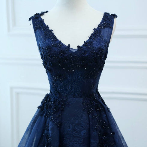 Navy Blue V-neckline Lace Long Party Dress with Flowers, Blue V-neckline Prom Dress
