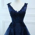 Navy Blue V-neckline Lace Long Party Dress with Flowers, Blue V-neckline Prom Dress