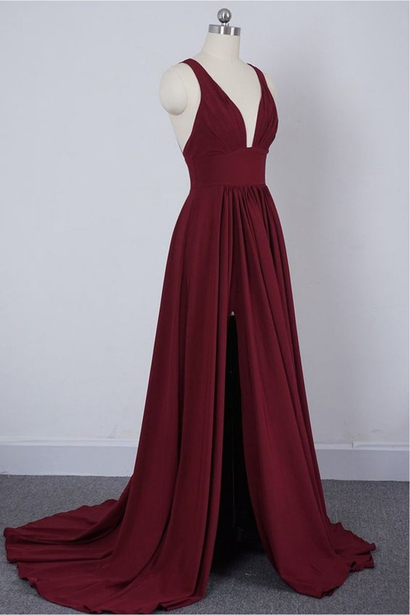 Strapless Wine Red Pleated Long Dress with Slit main image 1