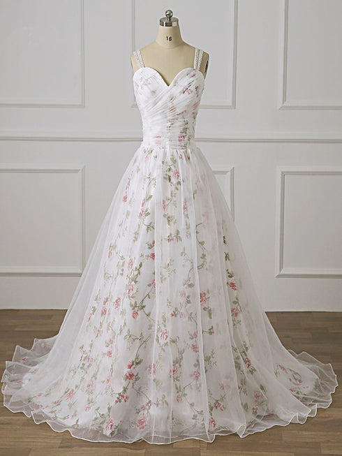 Beautiful White Floral Beaded Straps Long Formal Dress, A-line Floor Length Floral Prom Dress