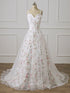 Beautiful White Floral Beaded Straps Long Formal Dress, A-line Floor Length Floral Prom Dress