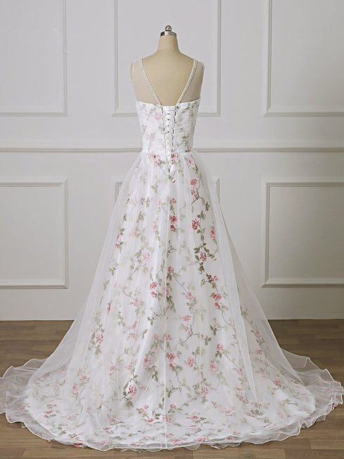 Beautiful White Floral Beaded Straps Long Formal Dress, A-line Floor Length Floral Prom Dress