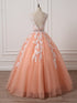 Gorgeous Coral Tulle  High Quality V-neck Lace Appliques Beads Party Dress, Long Formal Dress