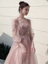 Charminig Pink Tulle Long Sleeves Round Neckline Party Dresses, A-line Pink Formal Dress with Lace