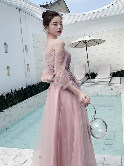 Charminig Pink Tulle Long Sleeves Round Neckline Party Dresses, A-line Pink Formal Dress with Lace