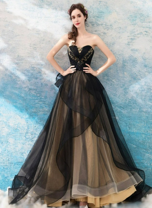 Black and Champagne Tulle Long Party Dress, A-line Fashionabe Formal Gown