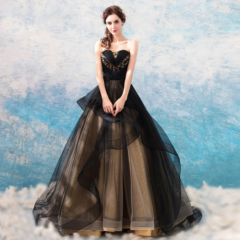 Black and Champagne Tulle Long Party Dress, A-line Fashionabe Formal Gown