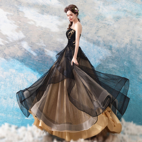 Black and Champagne Tulle Long Party Dress, A-line Fashionabe Formal Gown