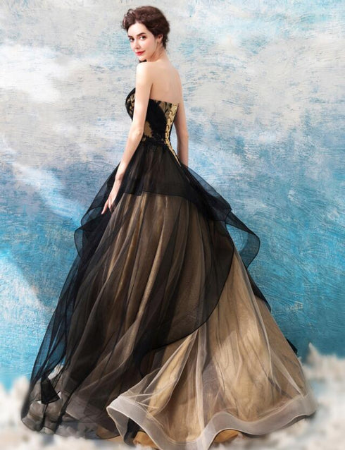 Black and Champagne Tulle Long Party Dress, A-line Fashionabe Formal Gown
