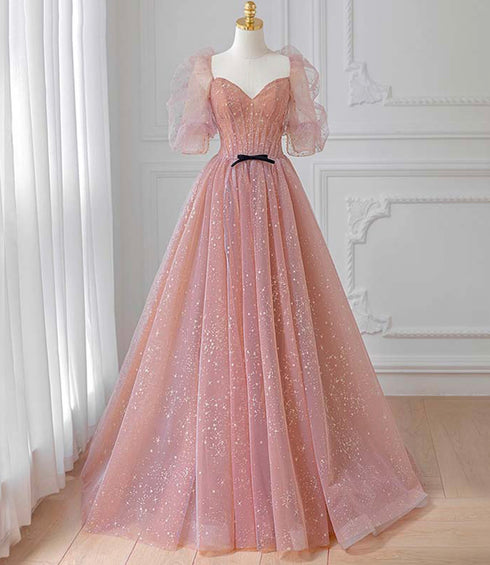 Pink Tulle Beautiful Puffy Sleeves Long Prom Dress, Pink A-line Evening Dresses