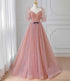 Pink Tulle Beautiful Puffy Sleeves Long Prom Dress, Pink A-line Evening Dresses