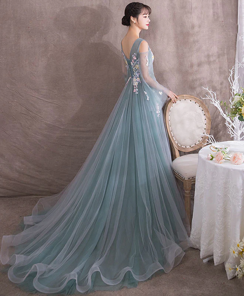 Cute Green and Blue Tulle Puffy Sleeves with Flower Party Dress, Long Wedding Party Dress