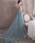 Cute Green and Blue Tulle Puffy Sleeves with Flower Party Dress, Long Wedding Party Dress