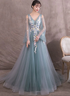 Cute Green and Blue Tulle Puffy Sleeves with Flower Party Dress, Long Wedding Party Dress