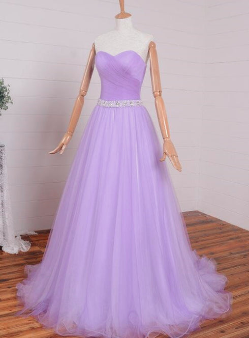 Light Purple Sweetheart Simple Beaded Waist Long Party Dress, Tulle Evening Gown Prom Dress
