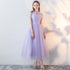 Beautiful Light Purple Tea Length Wedding Party Dress, Lace Short Sleeves Prom Dress