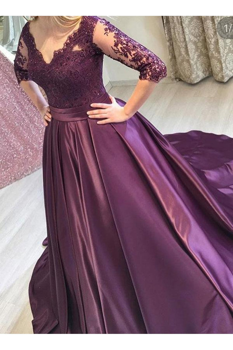 Purple Satin 1/2 Sleeves Lace Top Long Formal Dress, Purple Evening Dr