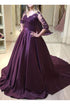 Purple Satin 1/2 Sleeves Lace Top Long Formal Dress, Purple Evening Dress Party Dress