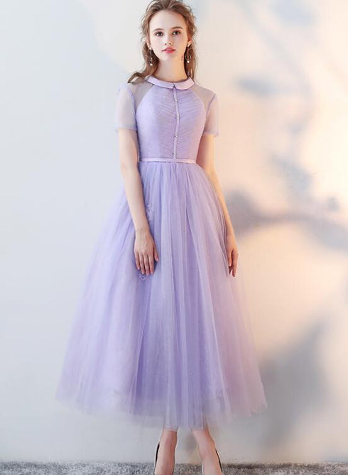 Beautiful Light Purple Tea Length Wedding Party Dress, Lace Short Sleeves Prom Dress
