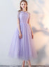 Beautiful Light Purple Tea Length Wedding Party Dress, Lace Short Sleeves Prom Dress