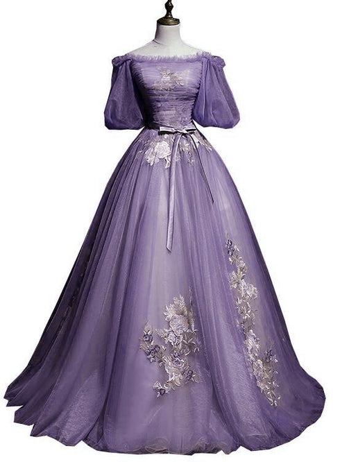 Charming Purple Short Sleeves Tulle Puffy Long Formal Dress, Lovely Evening Dress Party Dress