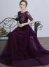 Dark Purple Short Sleeves Tulle with Sequins Applique Party Dress, Purple Long Formal Dress