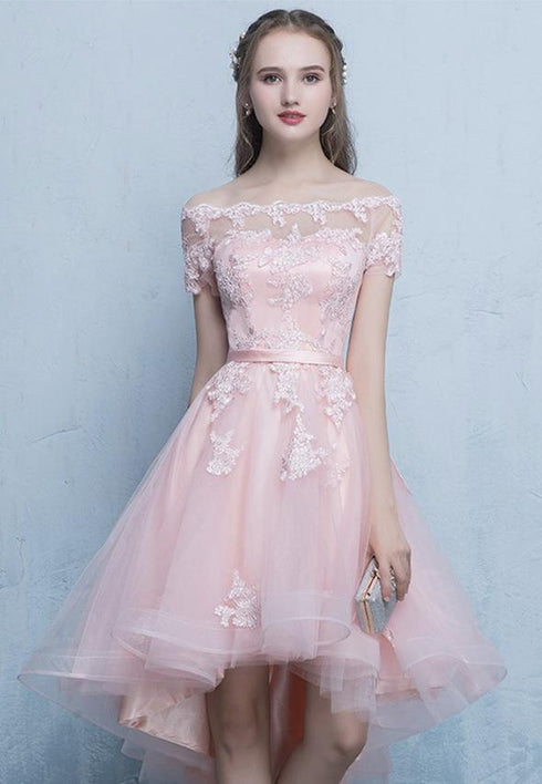 Pink Off Shoulder Tulle High Low Homecoming Dresses, Short Pink Prom Dress