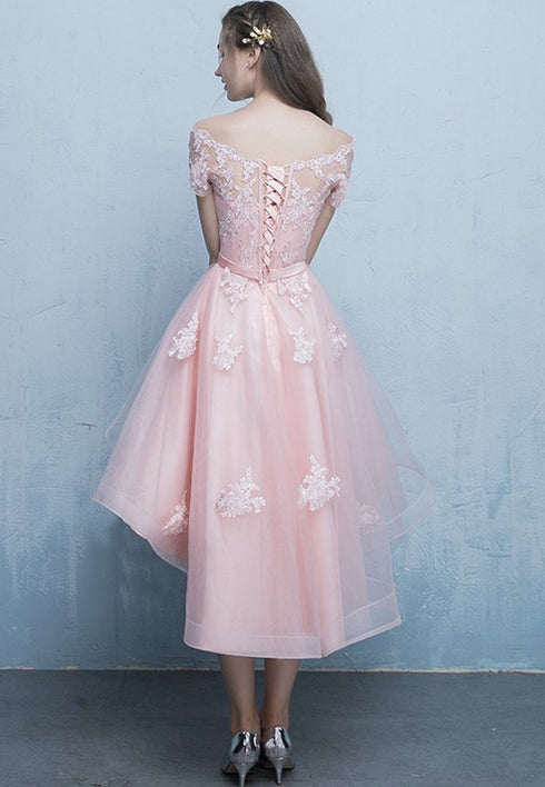 Pink Off Shoulder Tulle High Low Homecoming Dresses, Short Pink Prom Dress