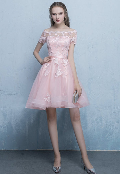 Pink Off Shoulder Tulle High Low Homecoming Dresses, Short Pink Prom Dress