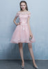 Pink Off Shoulder Tulle High Low Homecoming Dresses, Short Pink Prom Dress