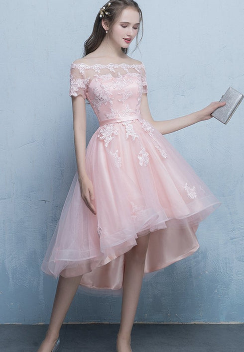 Pink Off Shoulder Tulle High Low Homecoming Dresses, Short Pink Prom Dress