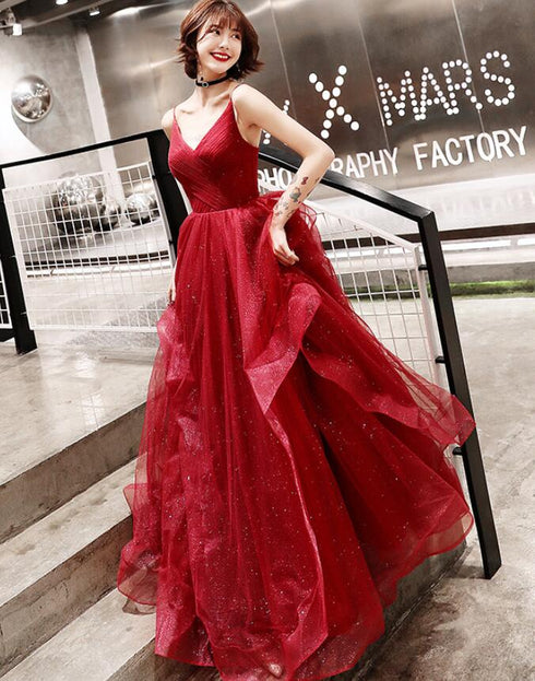 Wine Red Tulle V-neckline Long Party Dresses, A-line Straps Tulle Formal Gown Evening Dress