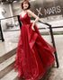 Wine Red Tulle V-neckline Long Party Dresses, A-line Straps Tulle Formal Gown Evening Dress