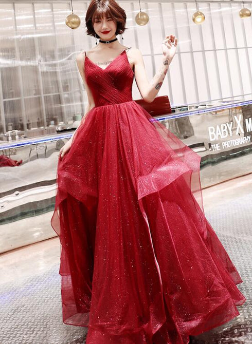 Wine Red Tulle V-neckline Long Party Dresses, A-line Straps Tulle Formal Gown Evening Dress