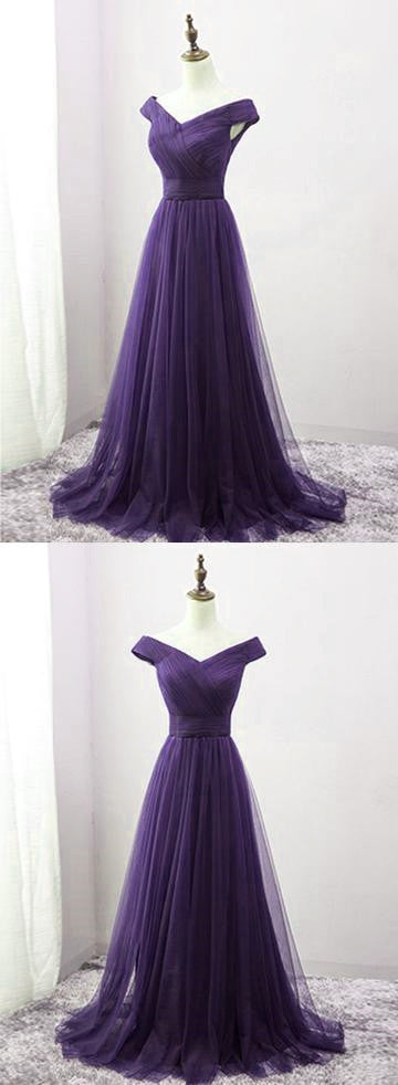 Dark Purple Sweetheart Tulle Off Shoulder Bridesmaid Dress, Long Prom ...