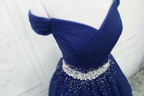 Dark Blue Beaded Tulle A-line Party Dress, Long Prom Dress